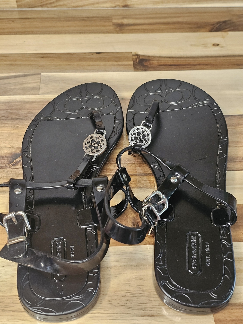 Coach Black Patent Jelly Logo Thong Sandals with Silver Accents S4